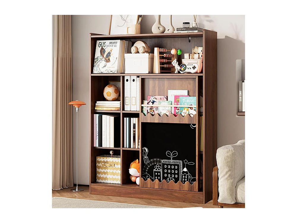 Bibliothèque tableau portes coulissantes rangement livres 9 compartiments noyer