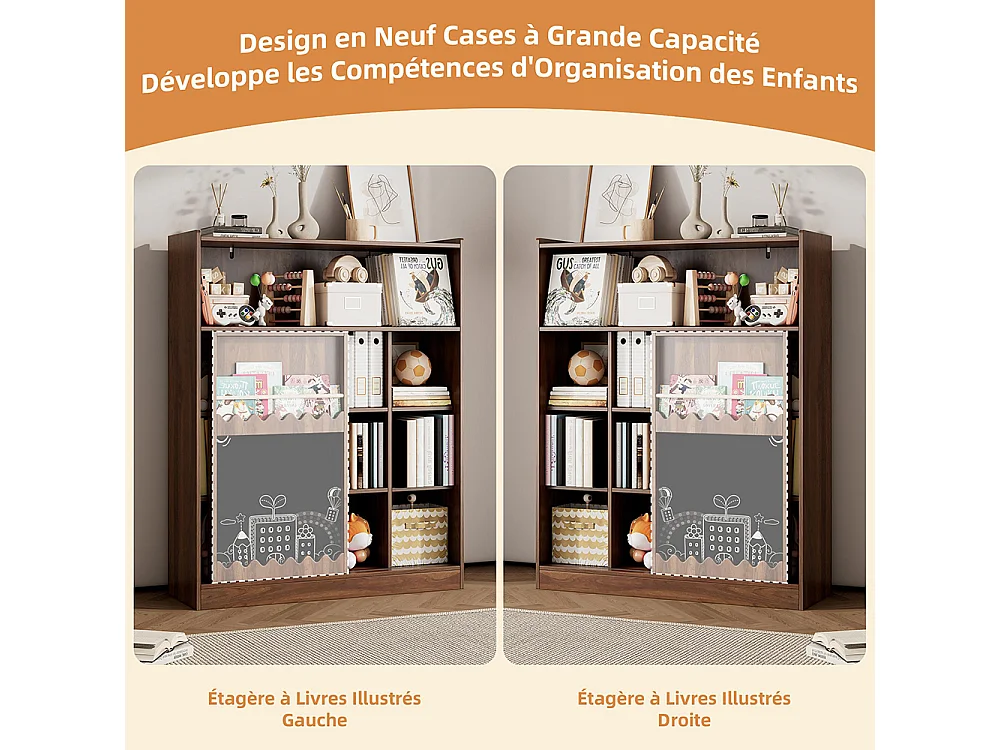Bibliothèque tableau portes coulissantes rangement livres 9 compartiments noyer