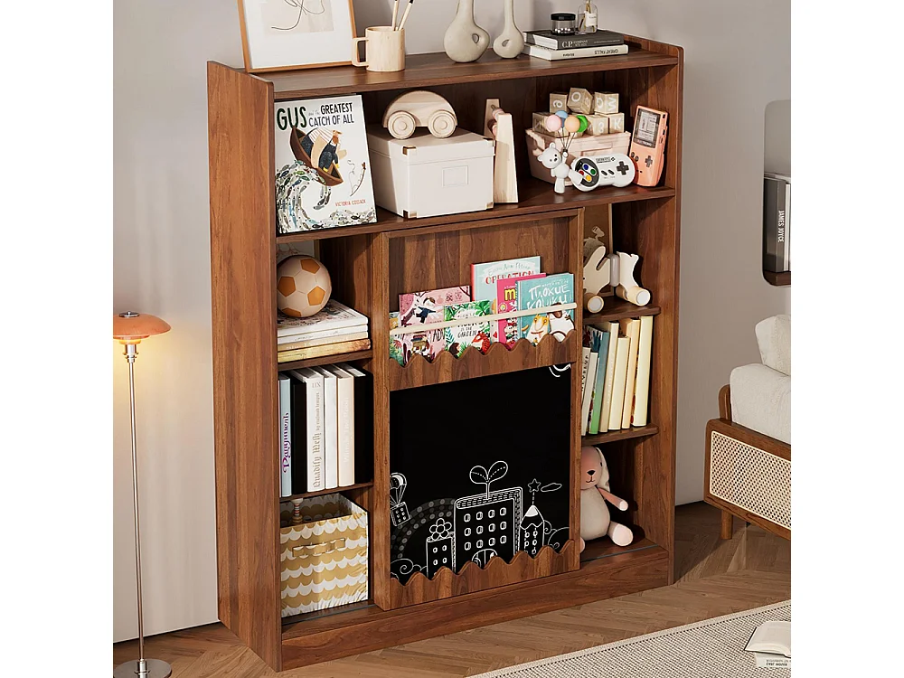 Bibliothèque tableau portes coulissantes rangement livres 9 compartiments noyer