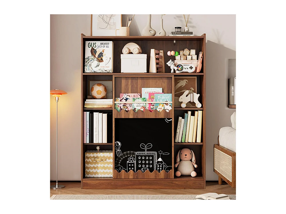 Bibliothèque tableau portes coulissantes rangement livres 9 compartiments noyer