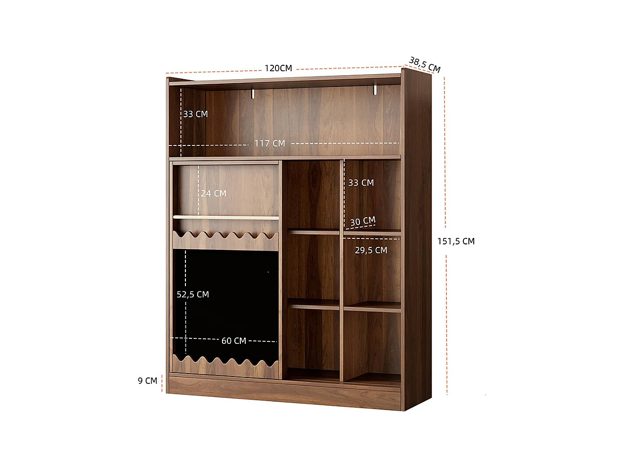 Bibliothèque tableau portes coulissantes rangement livres 9 compartiments noyer