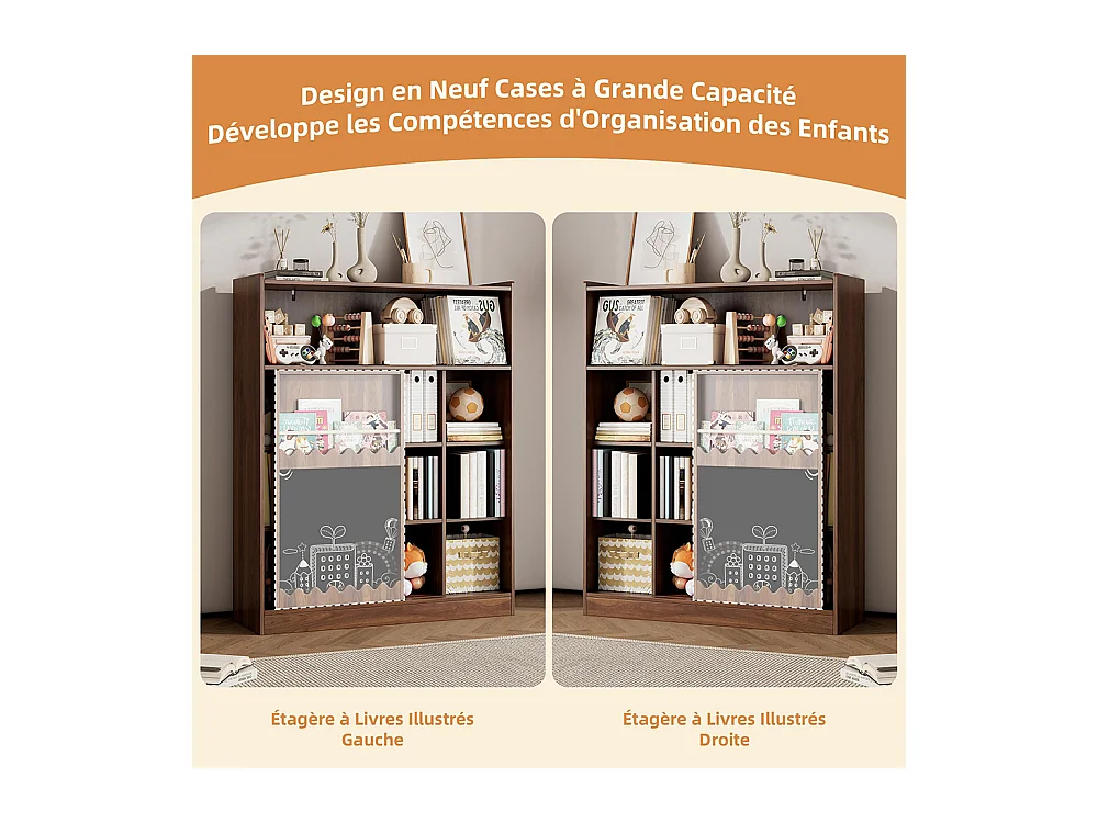 Bibliothèque tableau portes coulissantes rangement livres 9 compartiments noyer