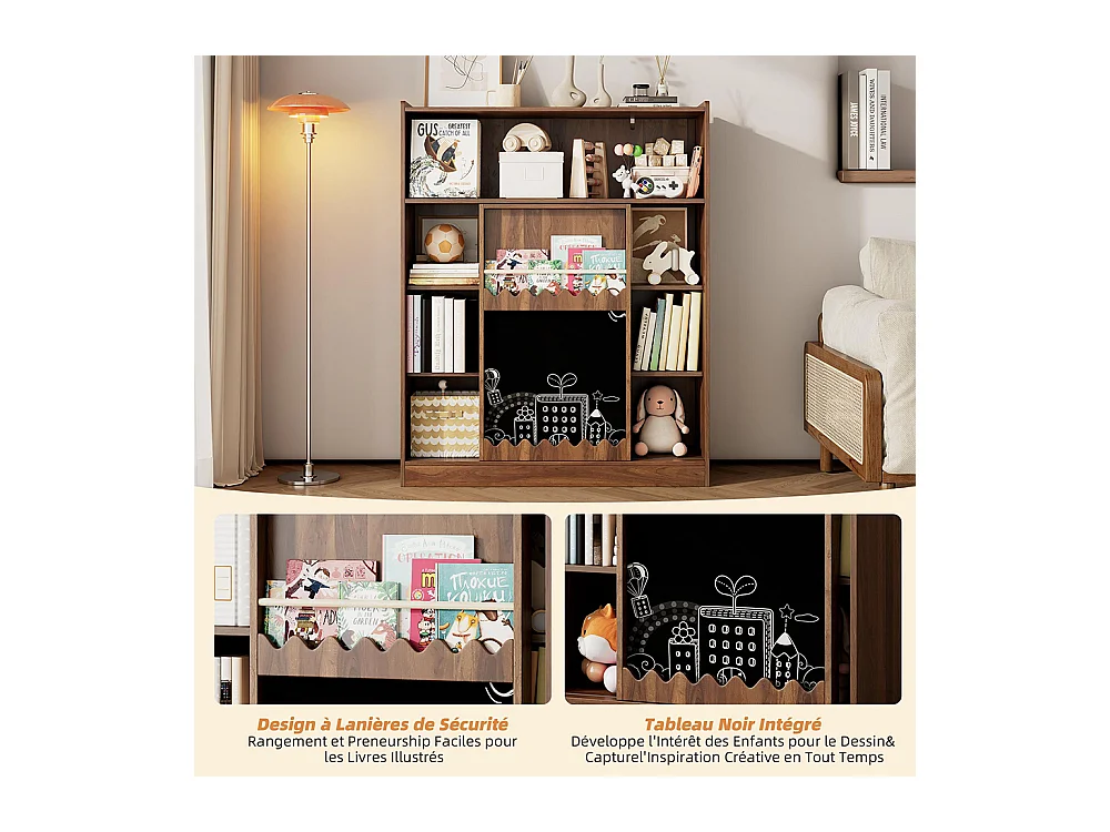 Bibliothèque tableau portes coulissantes rangement livres 9 compartiments noyer