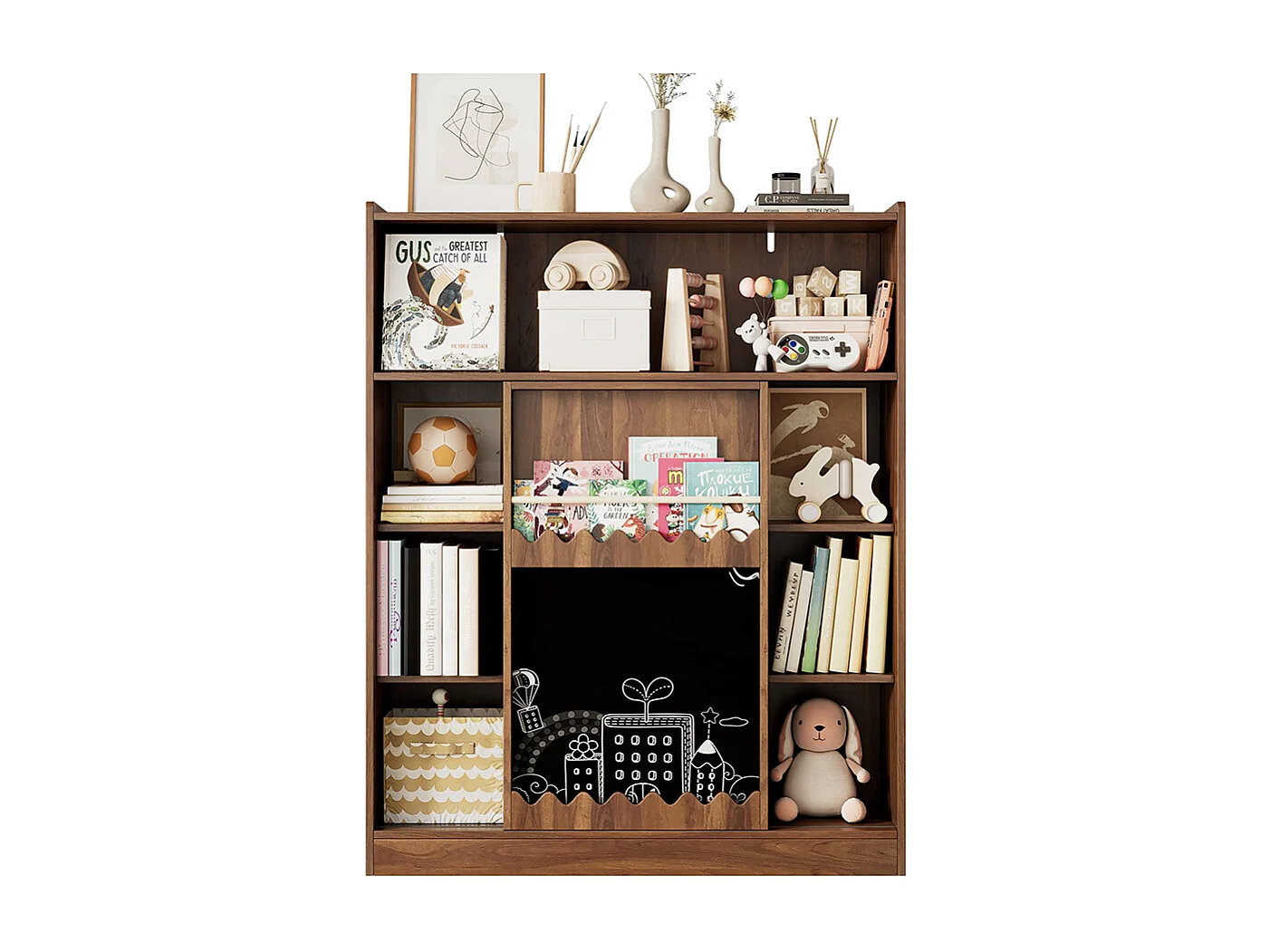 Bibliothèque tableau portes coulissantes rangement livres 9 compartiments noyer