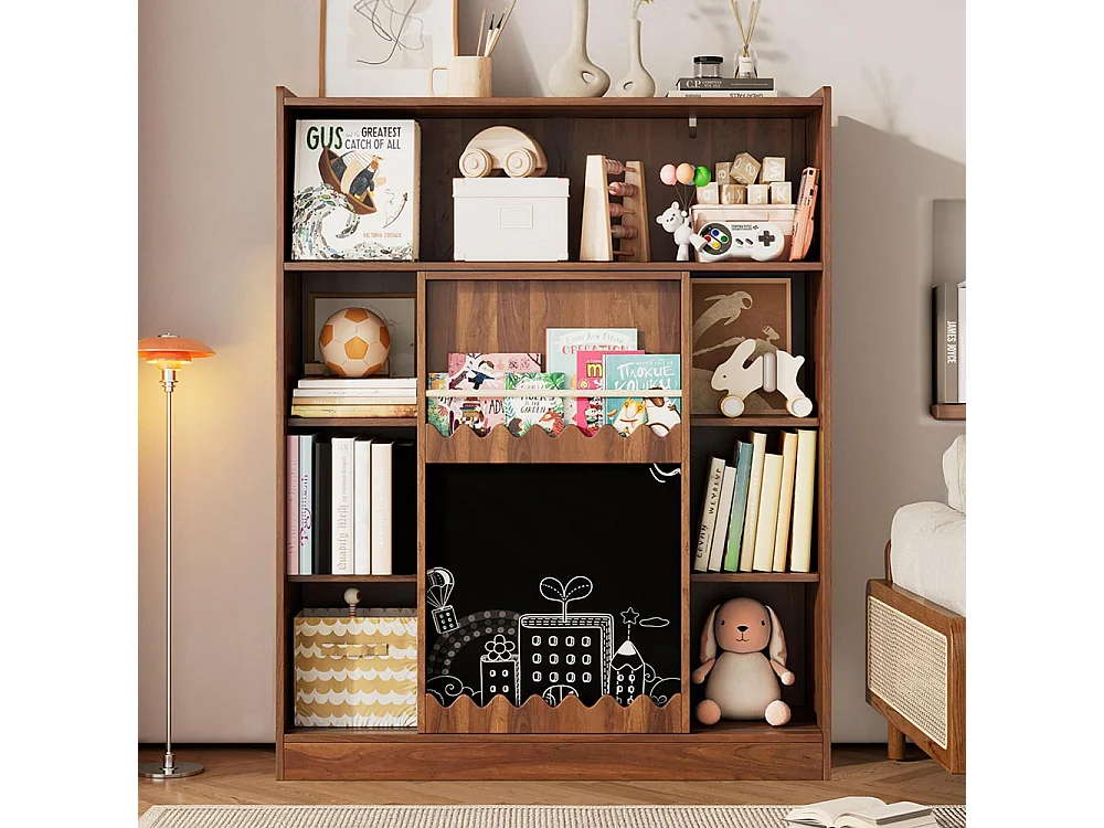 Bibliothèque tableau portes coulissantes rangement livres 9 compartiments noyer