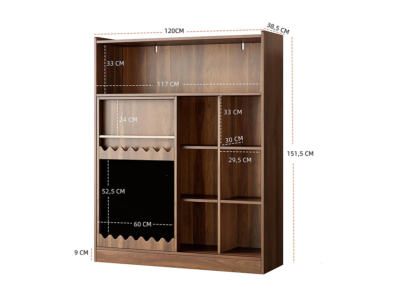 Bibliothèque tableau portes coulissantes rangement livres 9 compartiments noyer