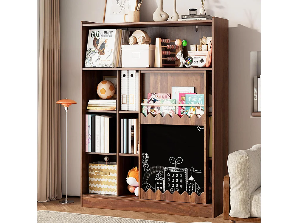 Bibliothèque tableau portes coulissantes rangement livres 9 compartiments noyer