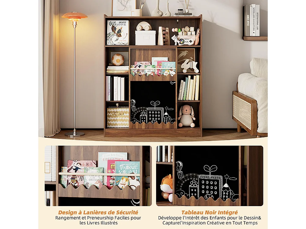 Bibliothèque tableau portes coulissantes rangement livres 9 compartiments noyer