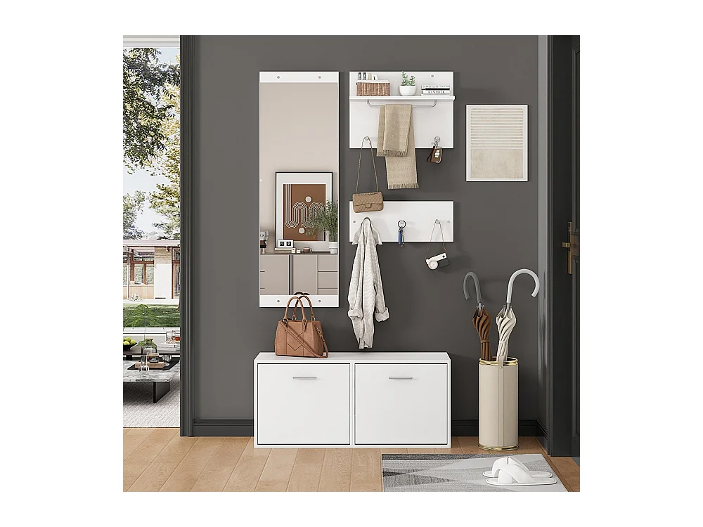 Ensemble vestiaire 4 pièces miroir 2 étagères armoire chaussures 6 crochets blanc compact entrée