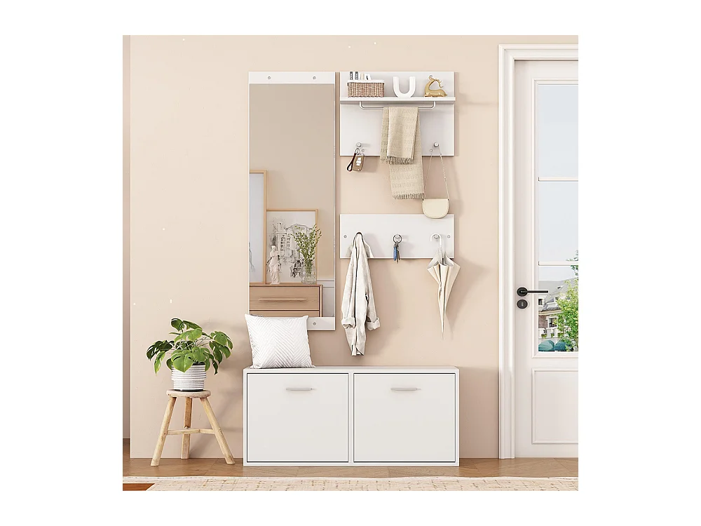 Ensemble vestiaire 4 pièces miroir 2 étagères armoire chaussures 6 crochets blanc compact entrée