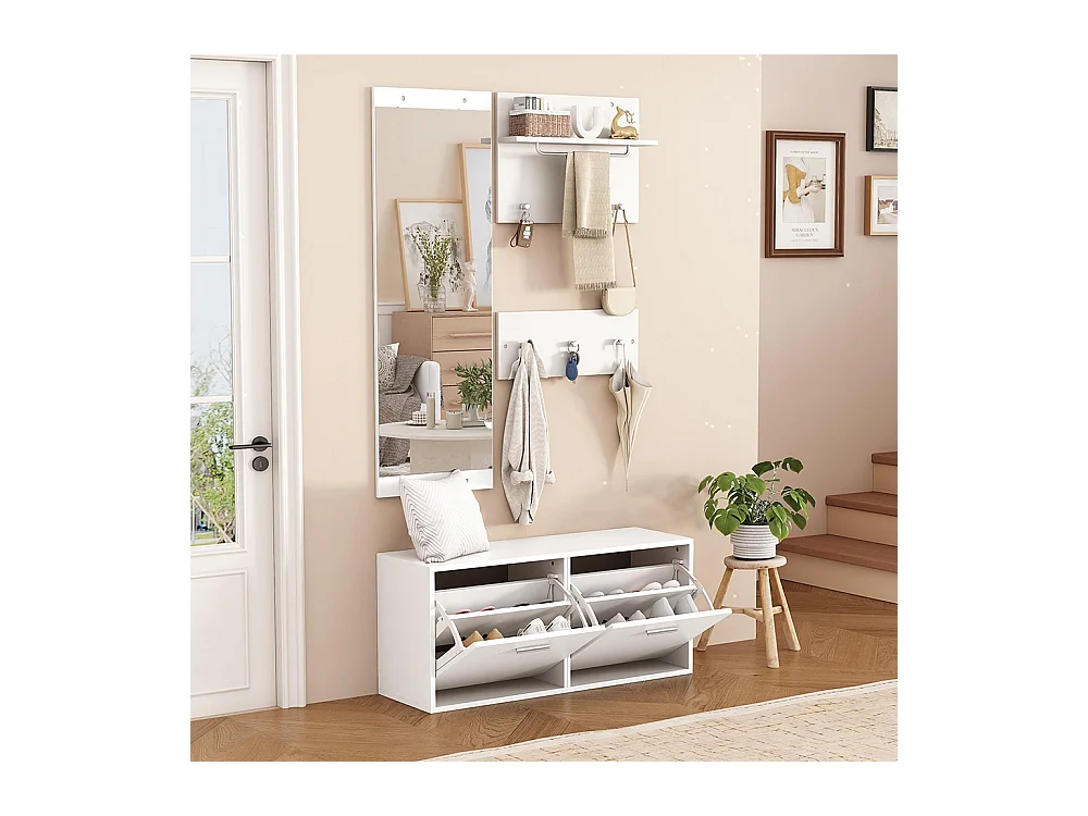 Ensemble vestiaire 4 pièces miroir 2 étagères armoire chaussures 6 crochets blanc compact entrée