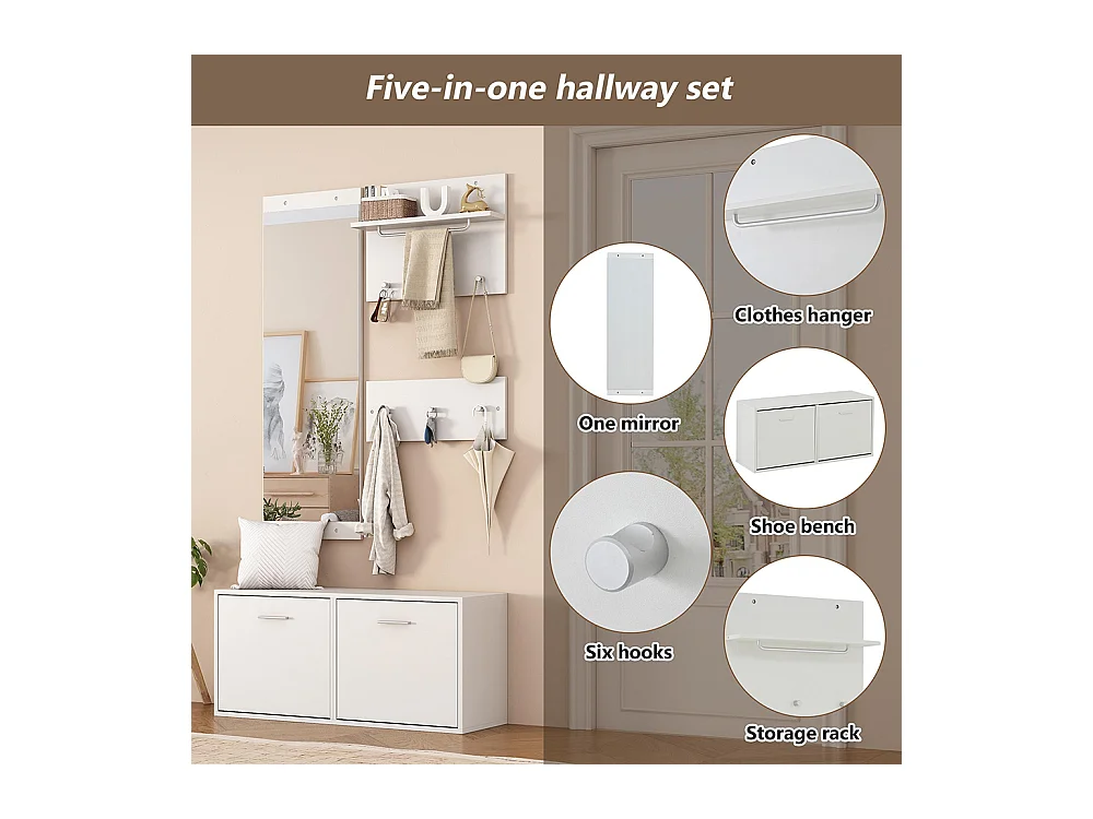 Ensemble vestiaire 4 pièces miroir 2 étagères armoire chaussures 6 crochets blanc compact entrée
