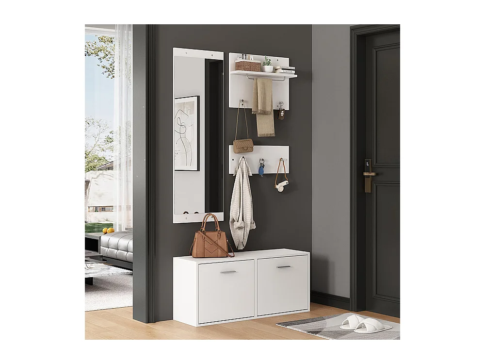 Ensemble vestiaire 4 pièces miroir 2 étagères armoire chaussures 6 crochets blanc compact entrée