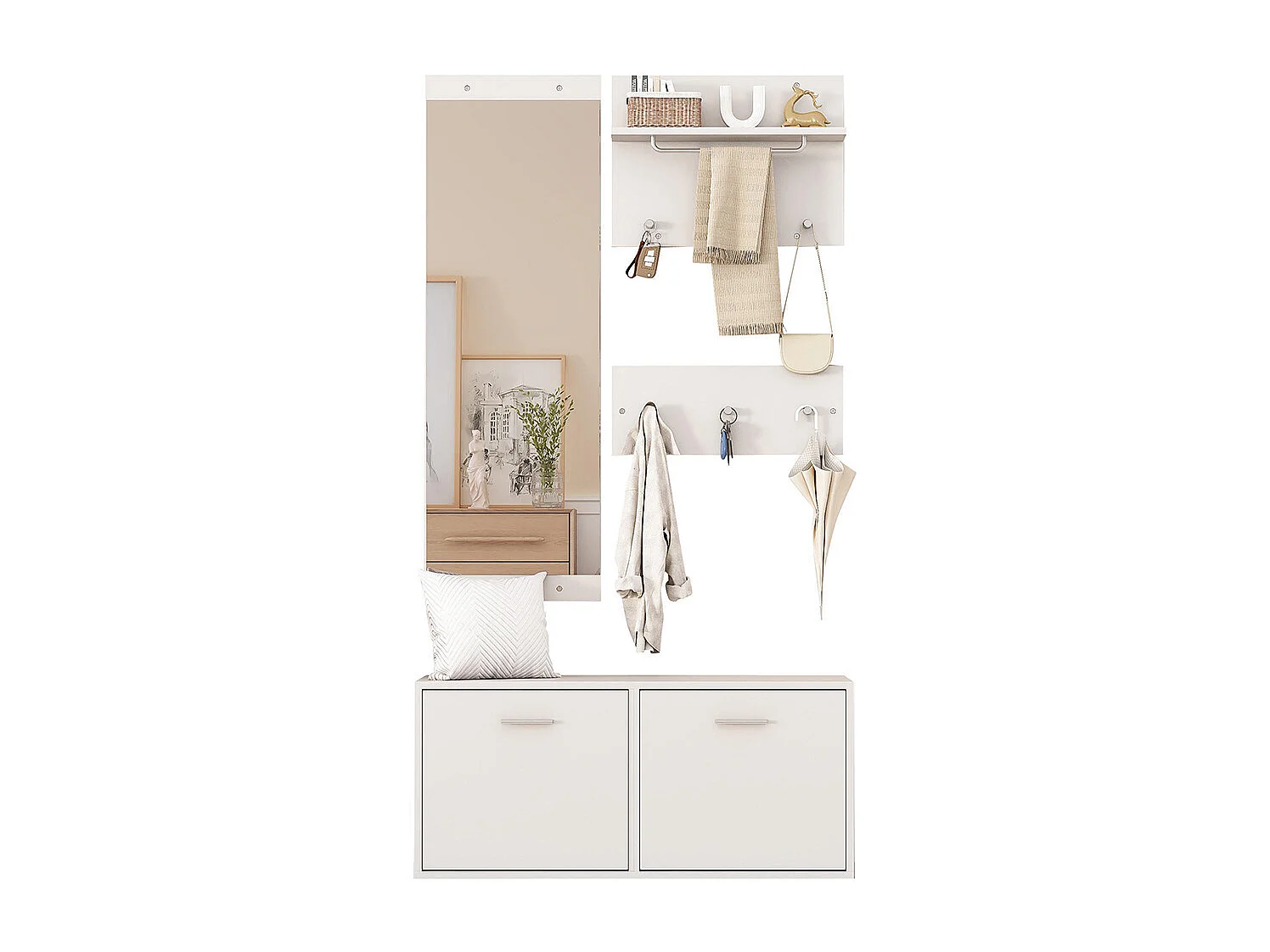 Ensemble vestiaire 4 pièces miroir 2 étagères armoire chaussures 6 crochets blanc compact entrée