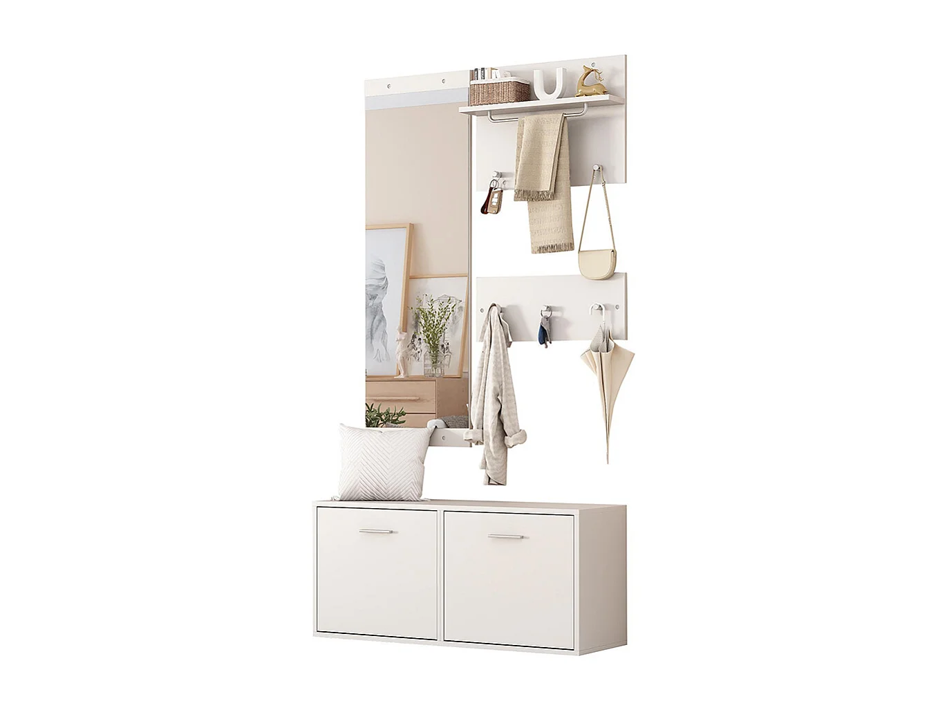 Ensemble vestiaire 4 pièces miroir 2 étagères armoire chaussures 6 crochets blanc compact entrée