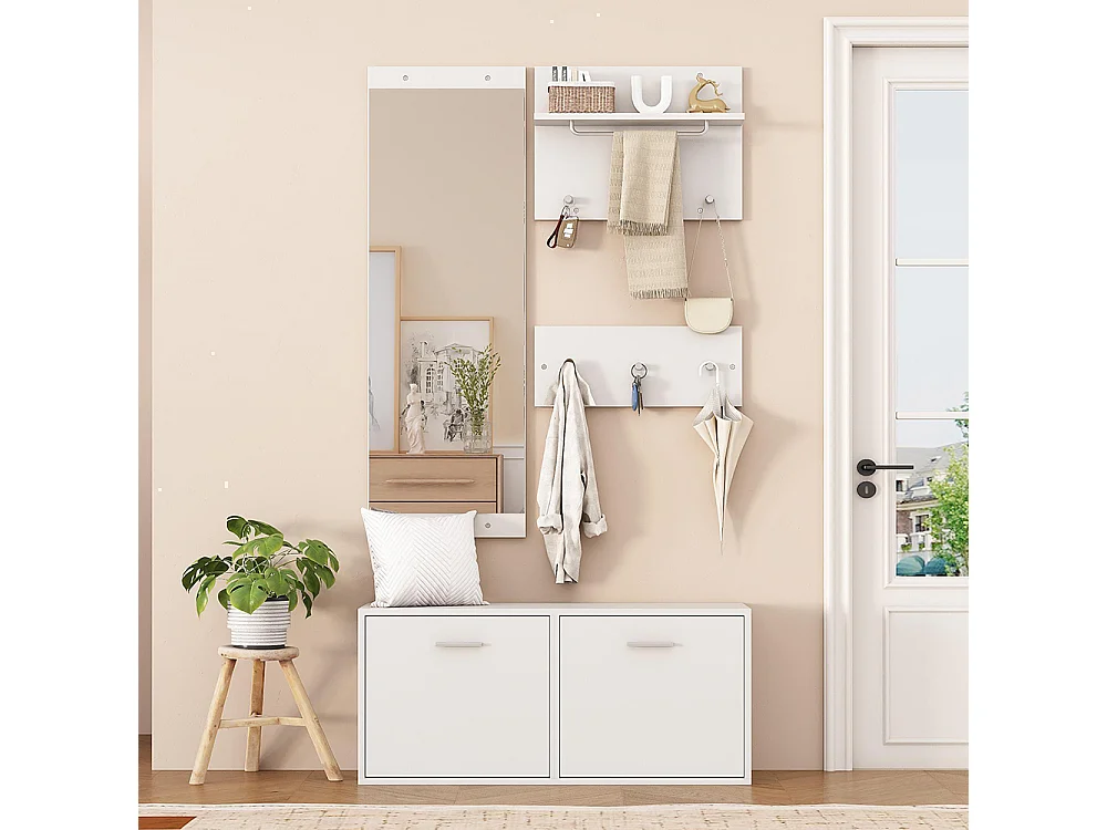 Ensemble vestiaire 4 pièces miroir 2 étagères armoire chaussures 6 crochets blanc compact entrée