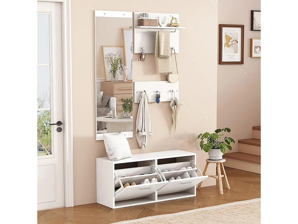 Ensemble vestiaire 4 pièces miroir 2 étagères armoire chaussures 6 crochets blanc compact entrée
