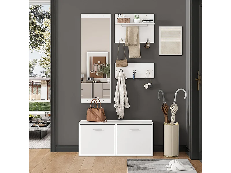 Ensemble vestiaire 4 pièces miroir 2 étagères armoire chaussures 6 crochets blanc compact entrée