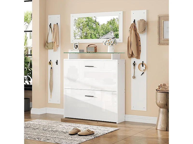 Ensemble vestiaire 4 pièces miroir 2 étagères armoire chaussures brillante 8 crochets blanc compact entrée