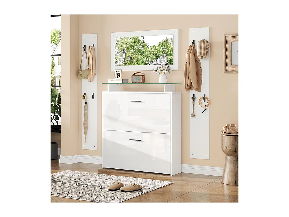 Ensemble vestiaire 4 pièces miroir 2 étagères armoire chaussures brillante 8 crochets blanc compact entrée