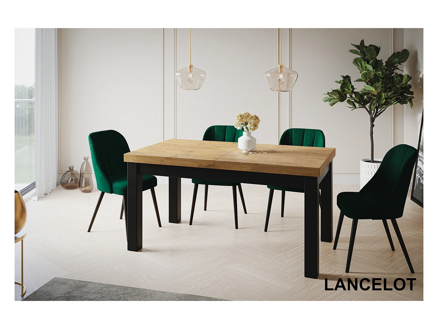 Table de salle à manger rectangulaire CLASSIC, table extensible, dimensions : 160-210X90X78 cm, couleur : LANCELOT, avec pieds en bois de couleur noire