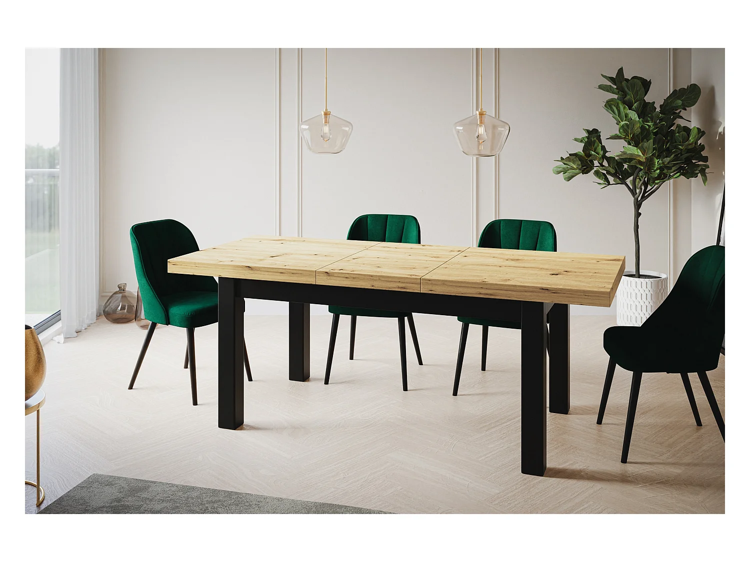 Table de salle à manger rectangulaire CLASSIC, table extensible, dimensions : 200-300X100X78 cm, couleur : ARTISAN, avec pieds en bois de couleur noire