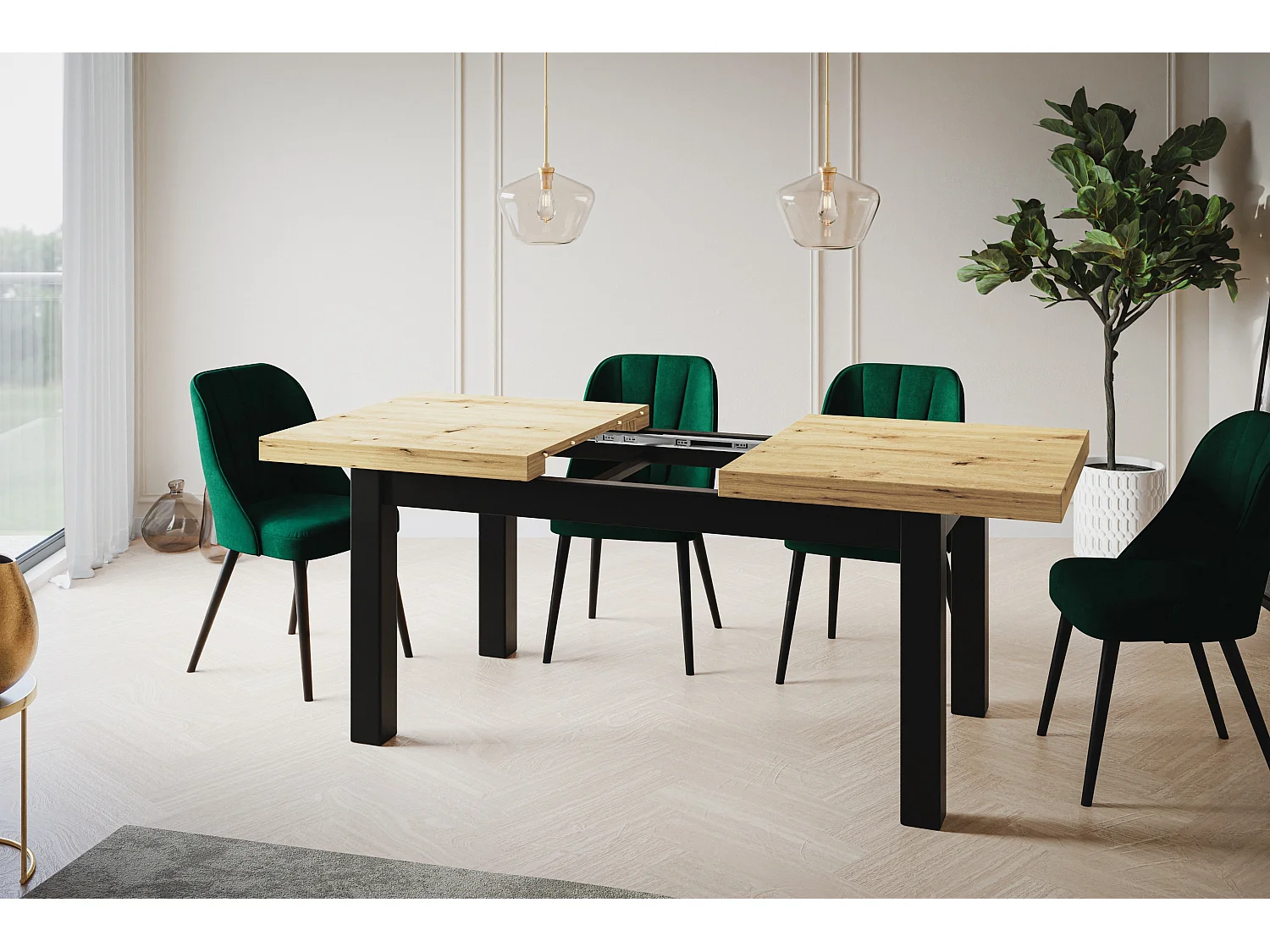 Table de salle à manger rectangulaire CLASSIC, table extensible, dimensions : 200-300X100X78 cm, couleur : ARTISAN, avec pieds en bois de couleur noire