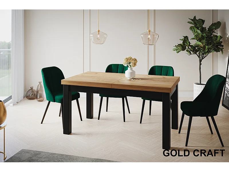 Table de salle à manger rectangulaire CLASSIC, table extensible, dimensions : 140-180X80X78 cm, couleur : CRAFT, avec pieds en bois de couleur noire