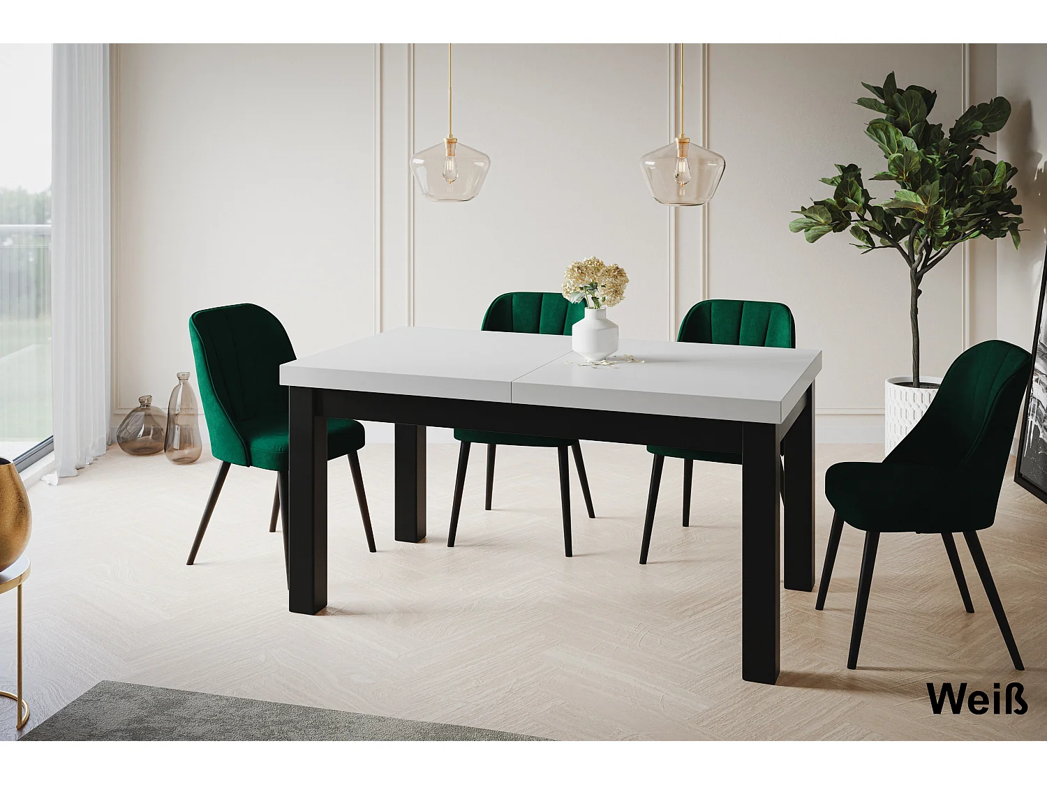 Table de salle à manger rectangulaire CLASSIC, table extensible, dimensions : 200-300X100X78 cm, couleur : blanc, avec pieds en bois de couleur noire