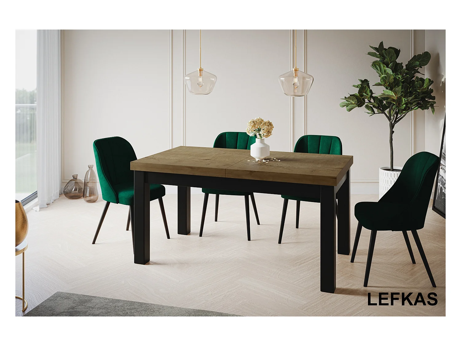 Table de salle à manger rectangulaire CLASSIC, table extensible, dimensions : 120-160X80X78 cm, couleur : LEFKAS, avec pieds en bois de couleur noire