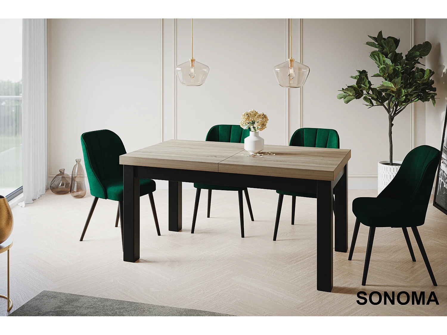 Table de salle à manger rectangulaire CLASSIC, table extensible, dimensions : 200-300X100X78 cm, couleur : SONOMA, avec pieds en bois de couleur noire