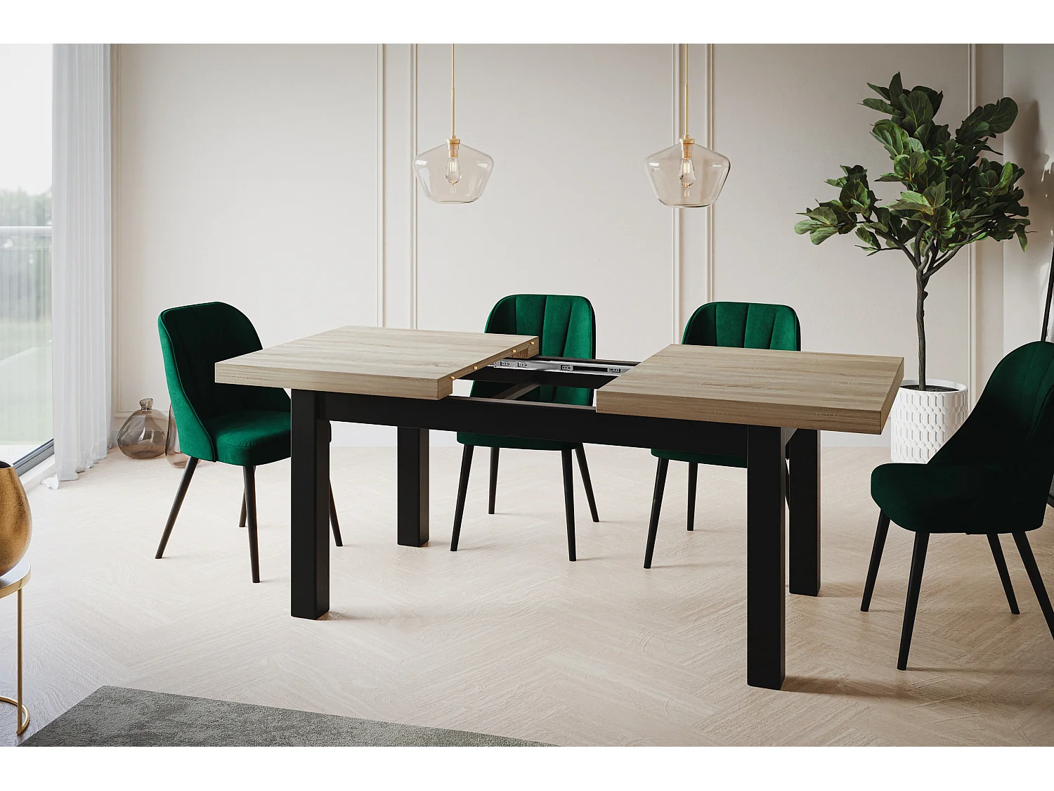 Table de salle à manger rectangulaire CLASSIC, table extensible, dimensions : 200-300X100X78 cm, couleur : SONOMA, avec pieds en bois de couleur noire
