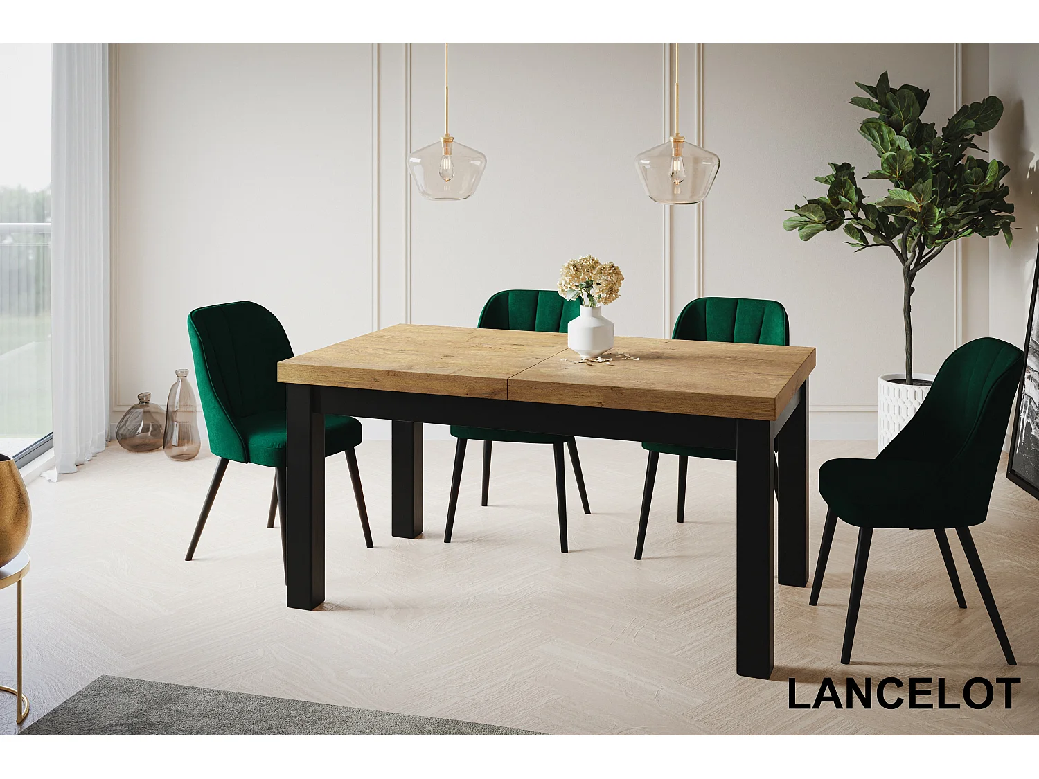 Table de salle à manger rectangulaire CLASSIC, table extensible, dimensions : 140-180X80X78 cm, couleur : LANCELOT, avec pieds en bois de couleur noire