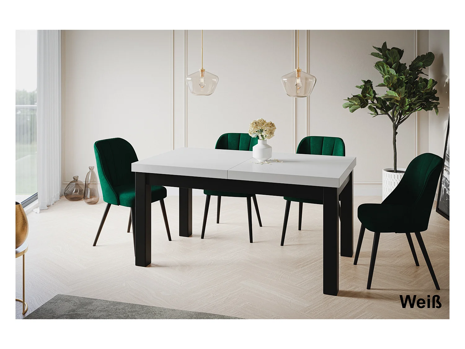Table de salle à manger rectangulaire CLASSIC, table extensible, dimensions : 120-160X80X78 cm, couleur : blanc, avec pieds en bois de couleur noire