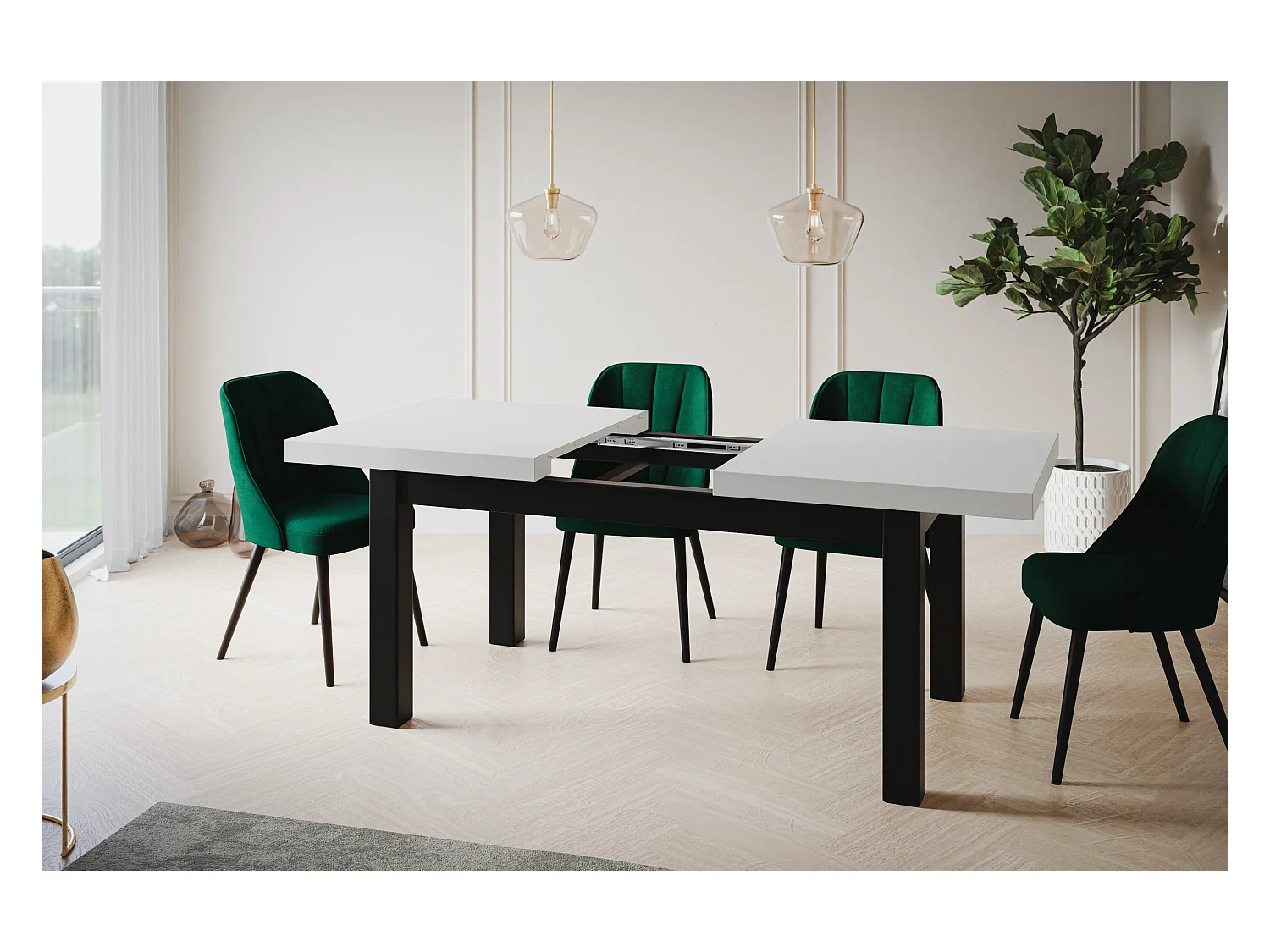 Table de salle à manger rectangulaire CLASSIC, table extensible, dimensions : 170-250X90X78 cm, couleur : blanc, avec pieds en bois de couleur noire
