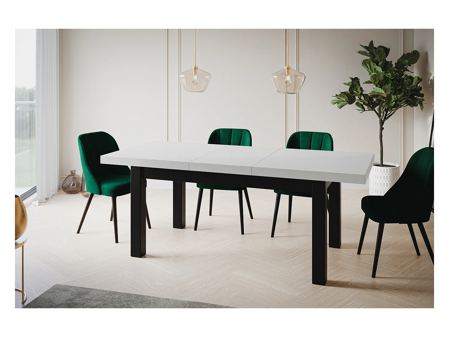 Table de salle à manger rectangulaire CLASSIC, table extensible, dimensions : 170-250X90X78 cm, couleur : blanc, avec pieds en bois de couleur noire