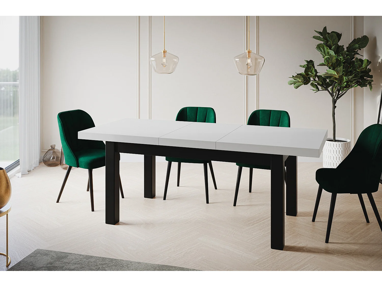 Table de salle à manger rectangulaire CLASSIC, table extensible, dimensions : 170-250X90X78 cm, couleur : blanc, avec pieds en bois de couleur noire