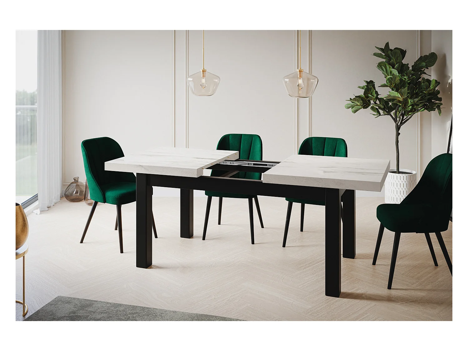 Table de salle à manger rectangulaire CLASSIC, table extensible, dimensions : 120-160X80X78 cm, couleur : MARMUR, avec pieds en bois de couleur noire