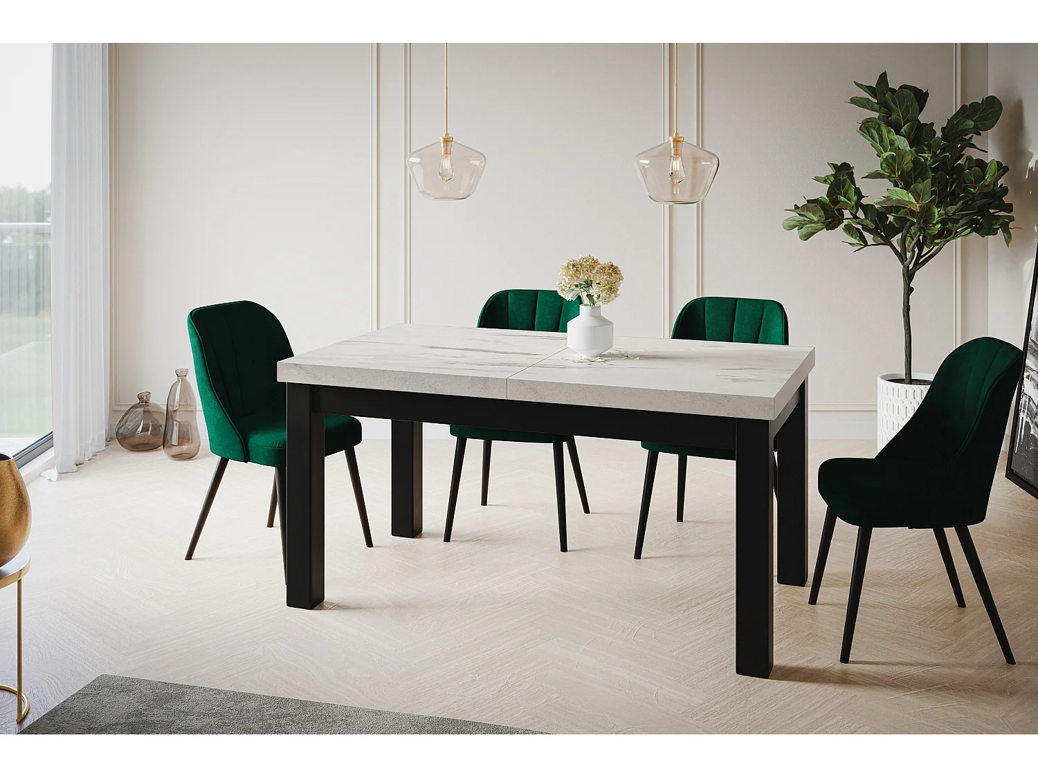 Table de salle à manger rectangulaire CLASSIC, table extensible, dimensions : 140-180X80X78 cm, couleur : MARMUR, avec pieds en bois de couleur noire