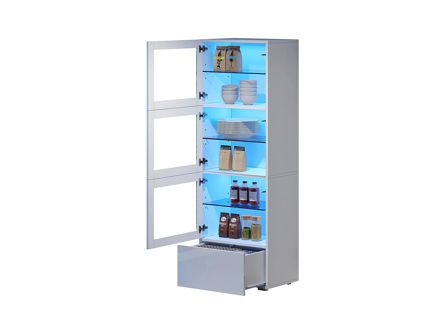 Vitrine armoire de rangement LED brillante porte acrylique 3 étagères verre buffet haut salon canapé blanc