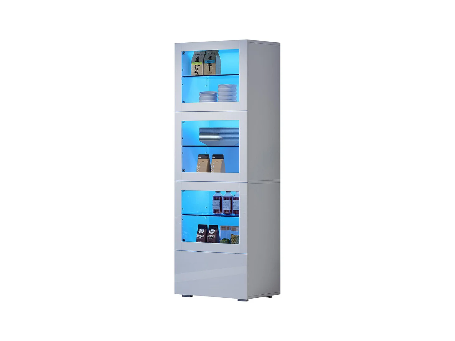 Vitrine armoire de rangement LED brillante porte acrylique 3 étagères verre buffet haut salon canapé blanc