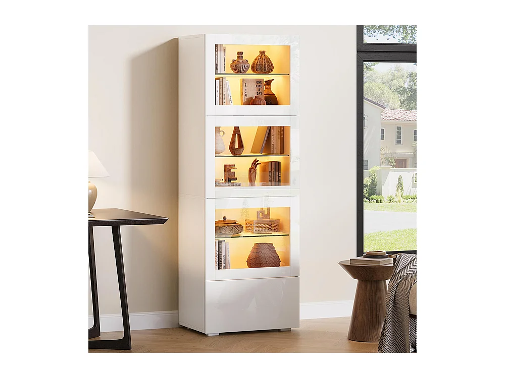Vitrine armoire de rangement LED brillante porte acrylique 3 étagères verre buffet haut salon canapé blanc