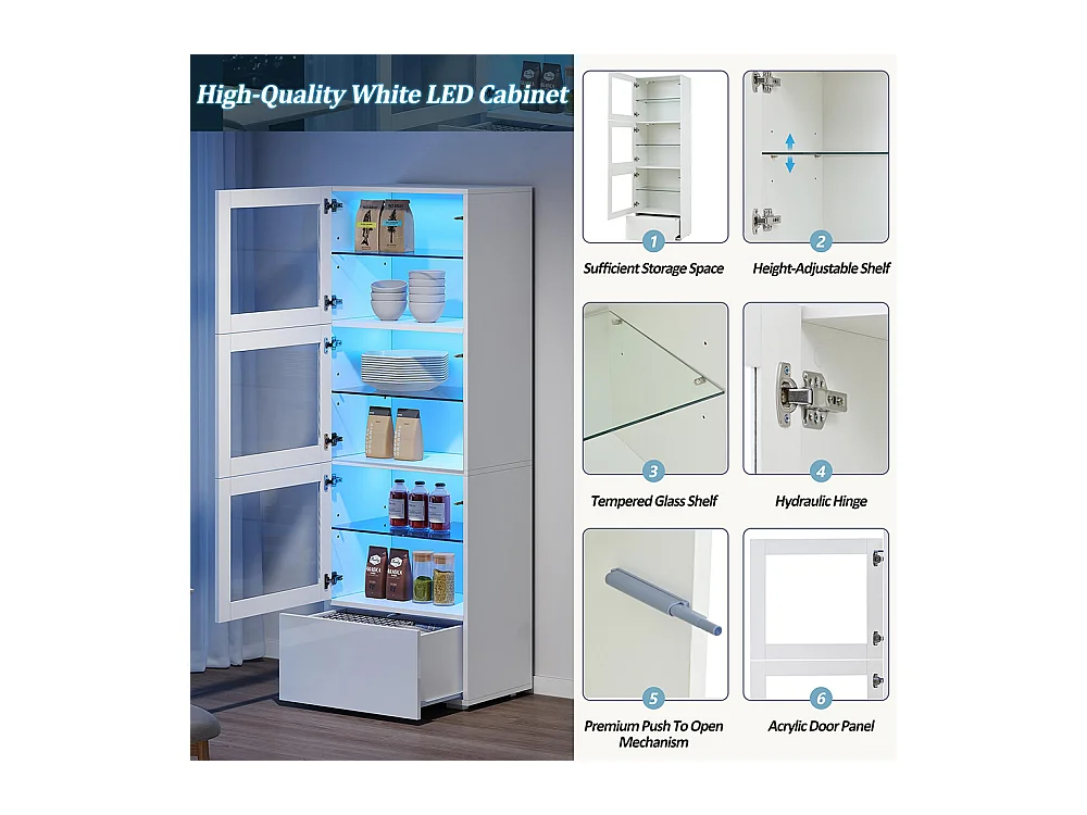 Vitrine armoire de rangement LED brillante porte acrylique 3 étagères verre buffet haut salon canapé blanc