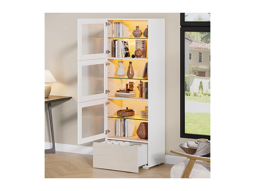 Vitrine armoire de rangement LED brillante porte acrylique 3 étagères verre buffet haut salon canapé blanc