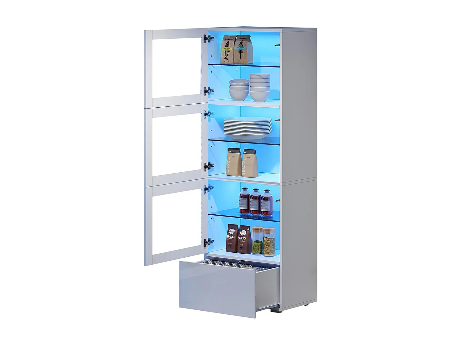 Vitrine armoire de rangement LED brillante porte acrylique 3 étagères verre buffet haut salon canapé blanc