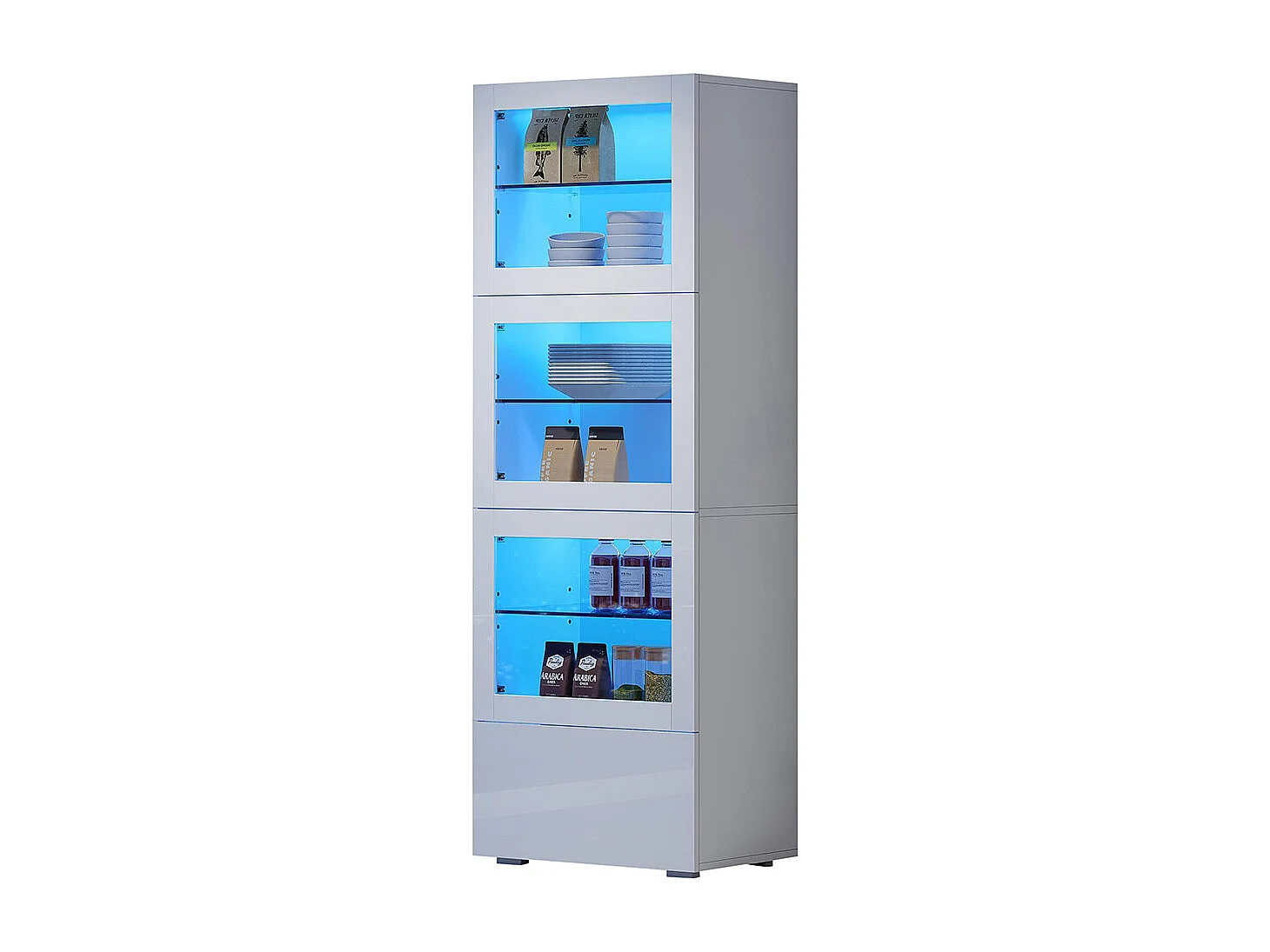 Vitrine armoire de rangement LED brillante porte acrylique 3 étagères verre buffet haut salon canapé blanc