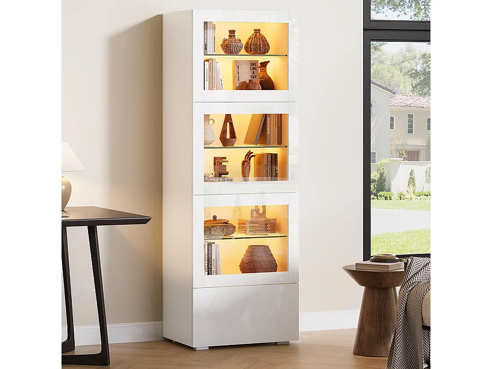 Vitrine armoire de rangement LED brillante porte acrylique 3 étagères verre buffet haut salon canapé blanc