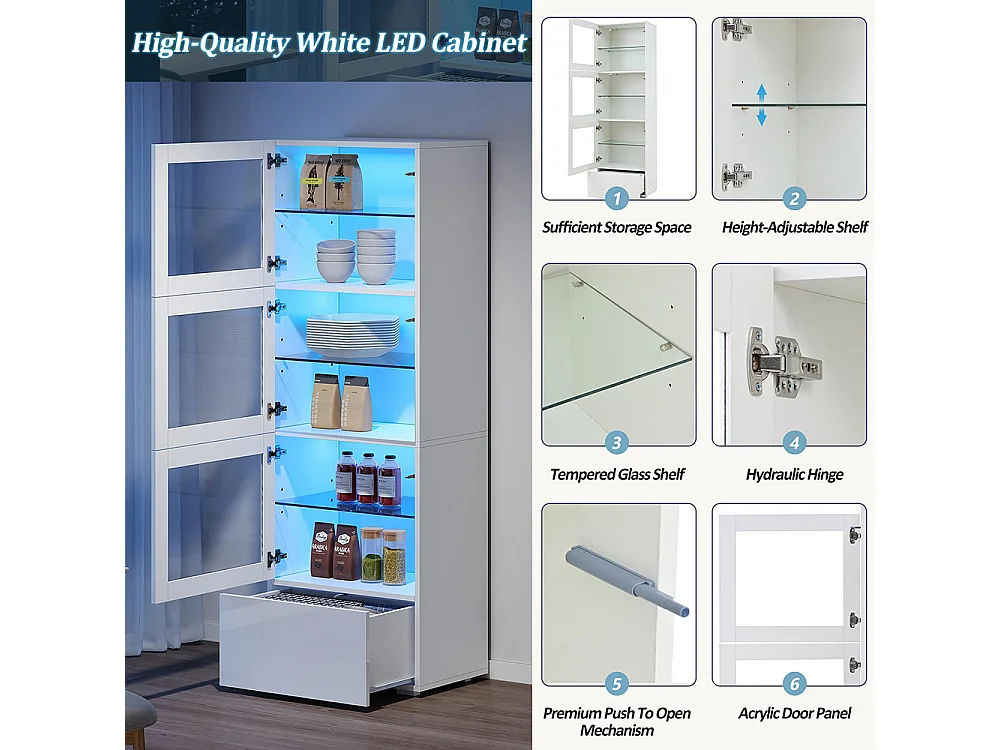 Vitrine armoire de rangement LED brillante porte acrylique 3 étagères verre buffet haut salon canapé blanc