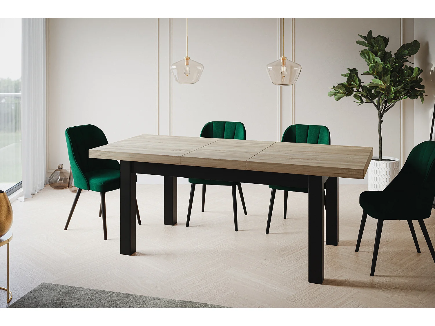 Table de salle à manger rectangulaire CLASSIC, table extensible, dimensions : 120-160X80X78 cm, couleur : SONOMA, avec pieds en bois de couleur noire