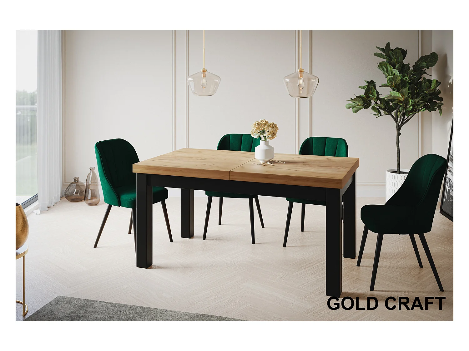 Table de salle à manger rectangulaire CLASSIC, table extensible, dimensions : 120-160X80X78 cm, couleur : CRAFT, avec pieds en bois de couleur noire